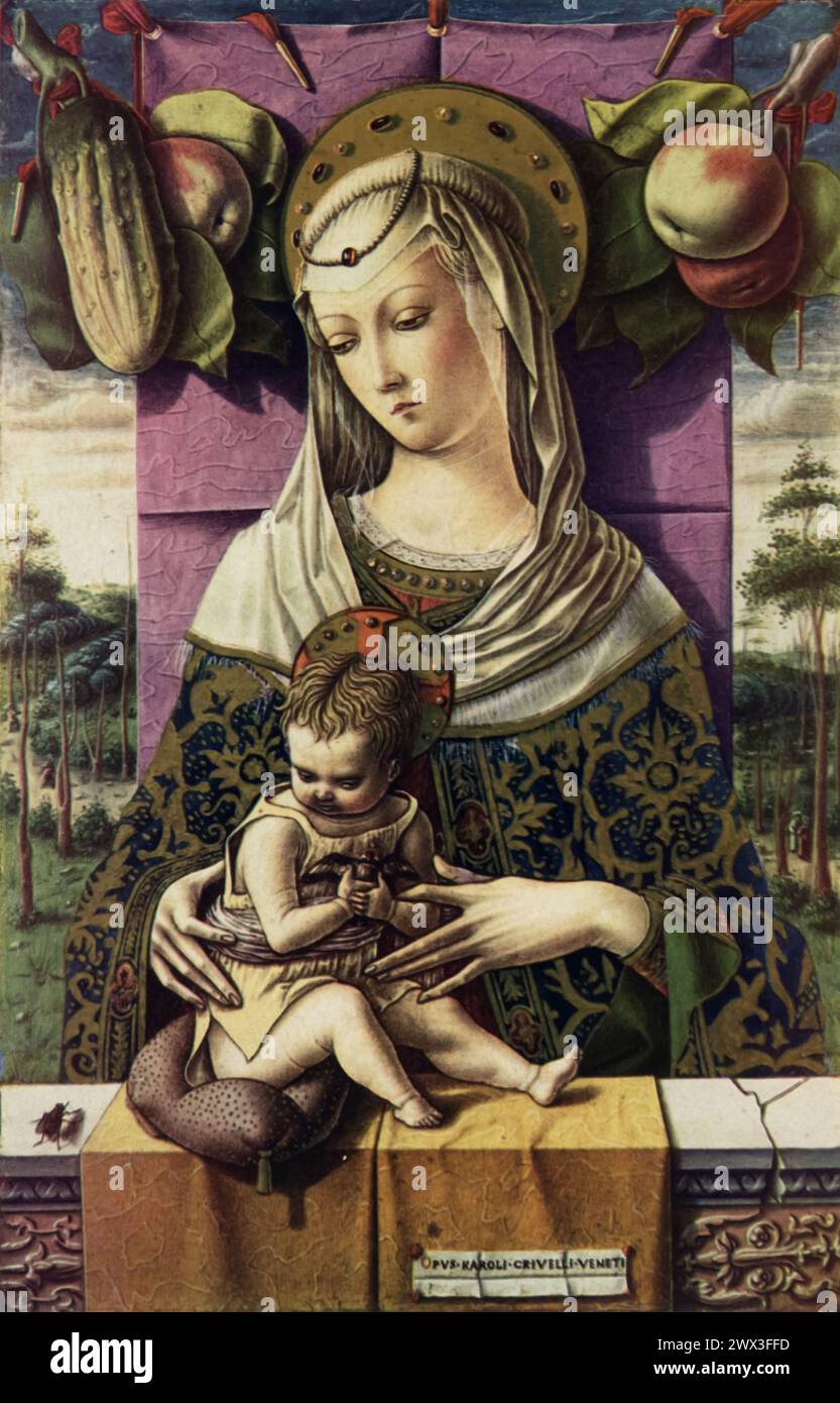 Carlo Crivelli's 'Madonna and Child' (circa 1480): Housed in the National Gallery, London, this painting features the Virgin Mary and the Christ Child, set against a richly decorated background that includes Crivelli's signature use of trompe-l'oeil effects and symbolic motifs. Crivelli's style, characterized by its intricate textures and vibrant colors, showcases the artist's devotion to the Gothic tradition while incorporating elements of the emerging Renaissance sensibility Stock Photo