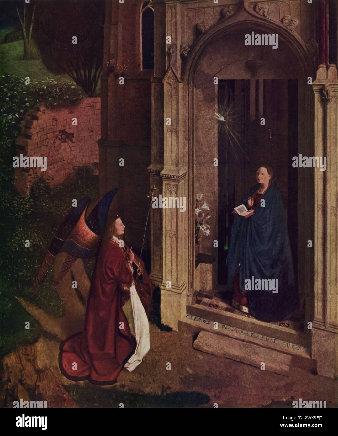 Jan van Eyck's 'The Annunciation' (circa 1434): Located in the National Gallery of Art, Washington, D.C., this painting illustrates the biblical moment when the Angel Gabriel announces to the Virgin Mary that she will bear the Son of God. It reflects the Northern Renaissance's focus on naturalism and meticulous attention to detail, making it a significant piece for its time. Stock Photo