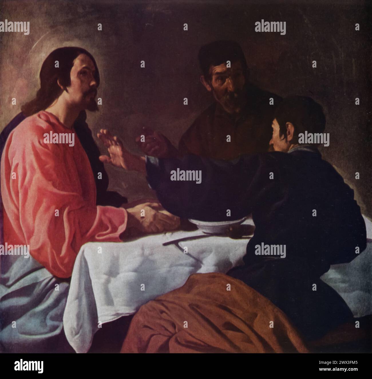 Diego Velázquez's 'Christ and the Pilgrims of Emmaus' (circa 1620): Found in the Metropolitan Museum of Art, New York, this painting, illustrating the biblical story of Christ revealing himself to two disciples in Emmaus, is celebrated for Velázquez's masterful use of realism and light. It highlights his skill in depicting divine and everyday themes with equal reverence, offering a glimpse into the spiritual and artistic depth of the Spanish Baroque period. Stock Photo