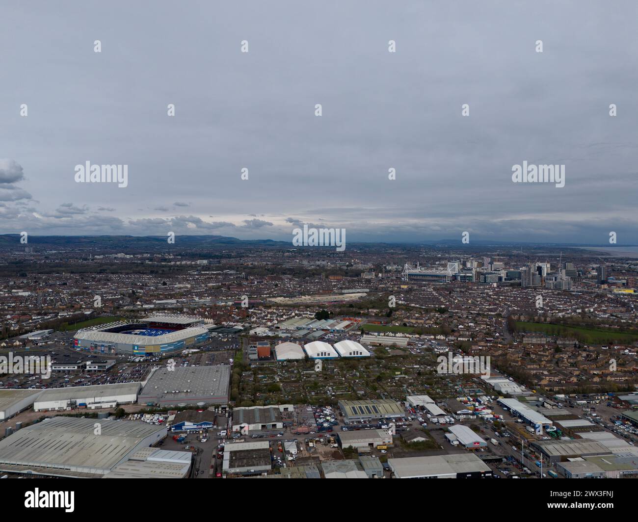 Cardiff, UK. 26th March 2024.   Aerial view of The Cardiff City Stadium and the Principality Stadium in Cardiff on 26th March 2024.   This image may o Stock Photo