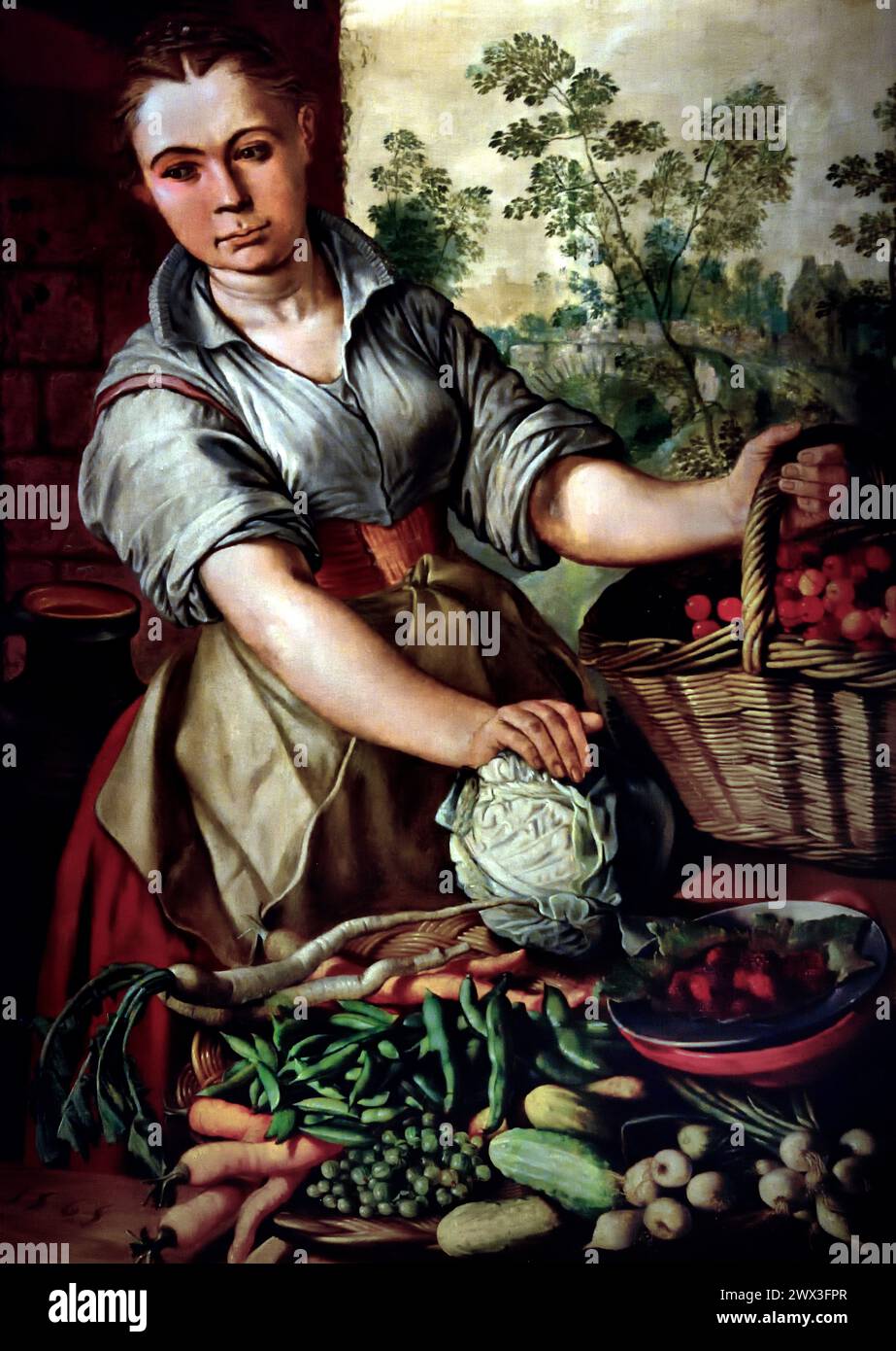 Vegetable seller by 1565  Joachim Beuckelaer 1533 - 1575 Museum Mayer van den Bergh,  Antwerp, Belgium, Belgian. Stock Photo