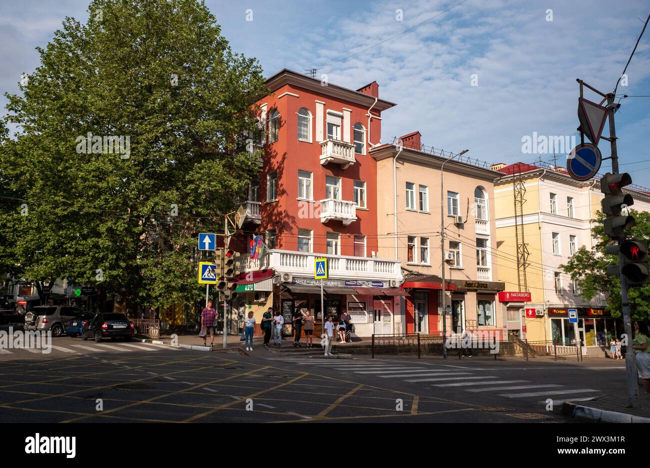 June 12, 2023, Krasnodar Territory, Russia. Pedestrian crossing at the intersection of streets in Tuapse on a summer day. Stock Photo