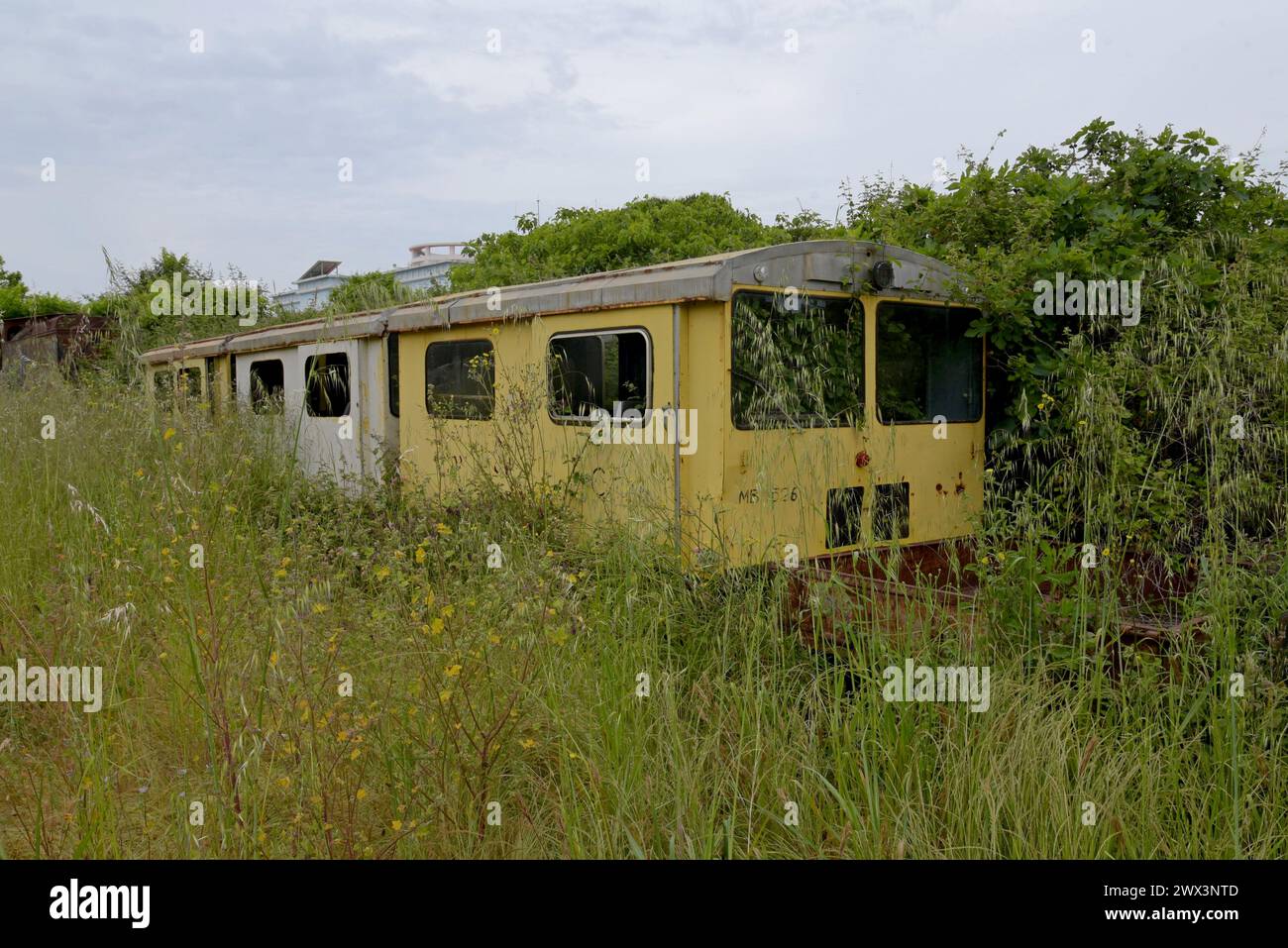Abandoned overgrown Wickham track maintenance trolley vehicles at Pyrgos railway depot, Peloponnese, Greece, May 2023 Stock Photo