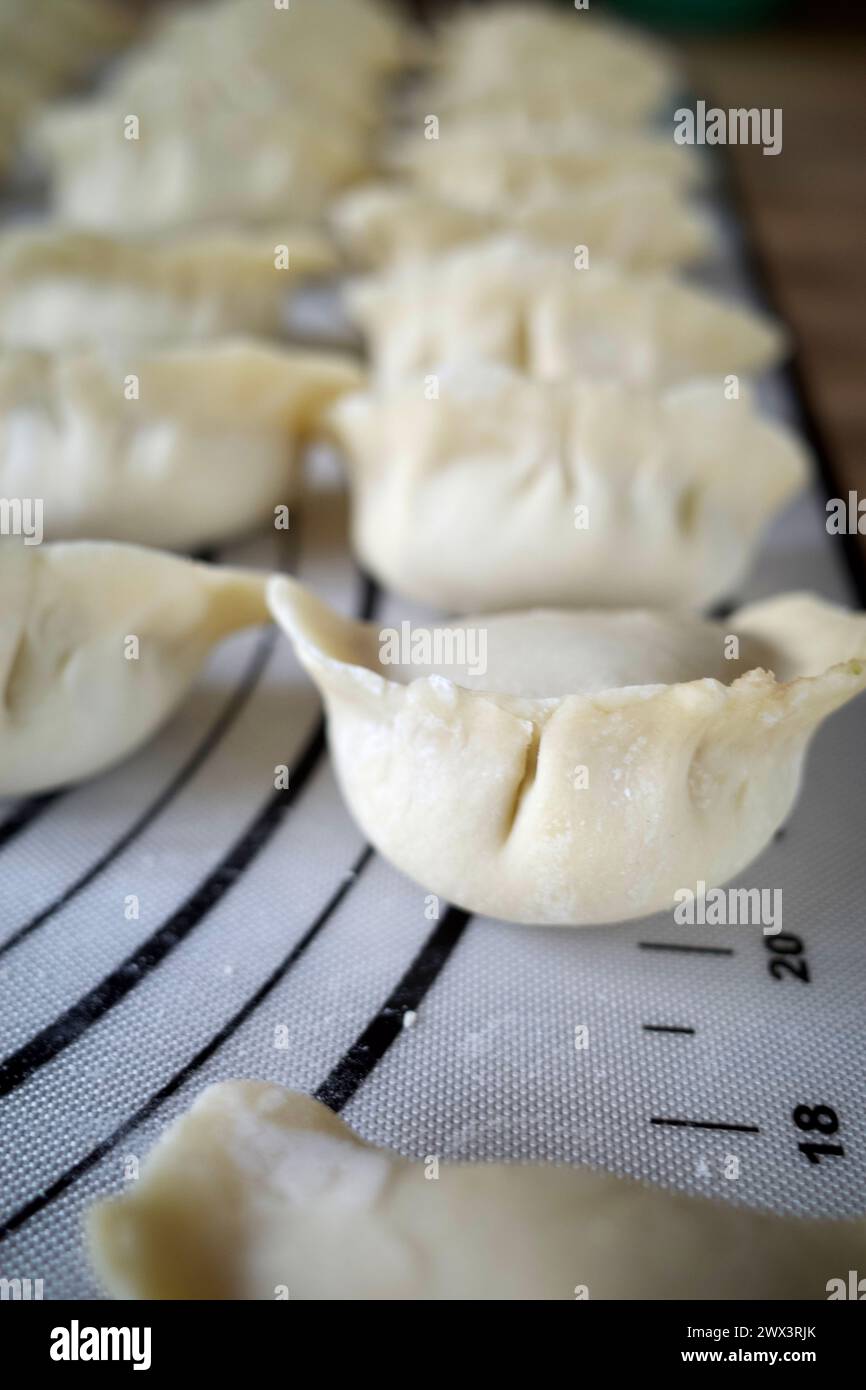 Raw Chinese dumplings on a table Stock Photo