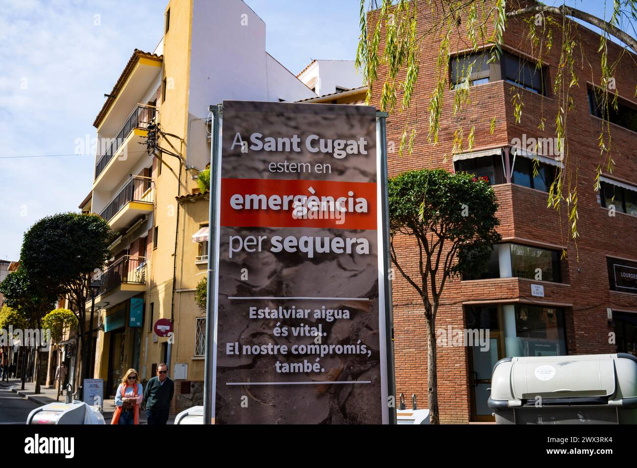 Sign in Sant Cugat del Valles, Catalonia, warning about the emergency regarding water shortages due to an ongoing drough - and lack of rain. Stock Photo