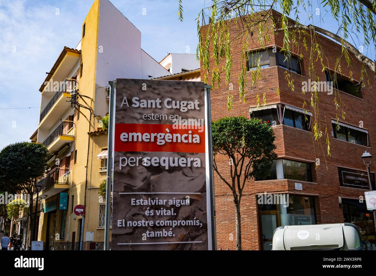 Sign in Sant Cugat del Valles, Catalonia, warning about the emergency regarding water shortages due to an ongoing drough - and lack of rain. Stock Photo