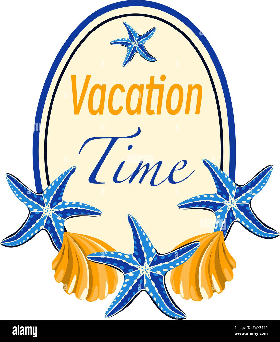 Vacation time card with starfish and seashell vector illustration Stock Vector