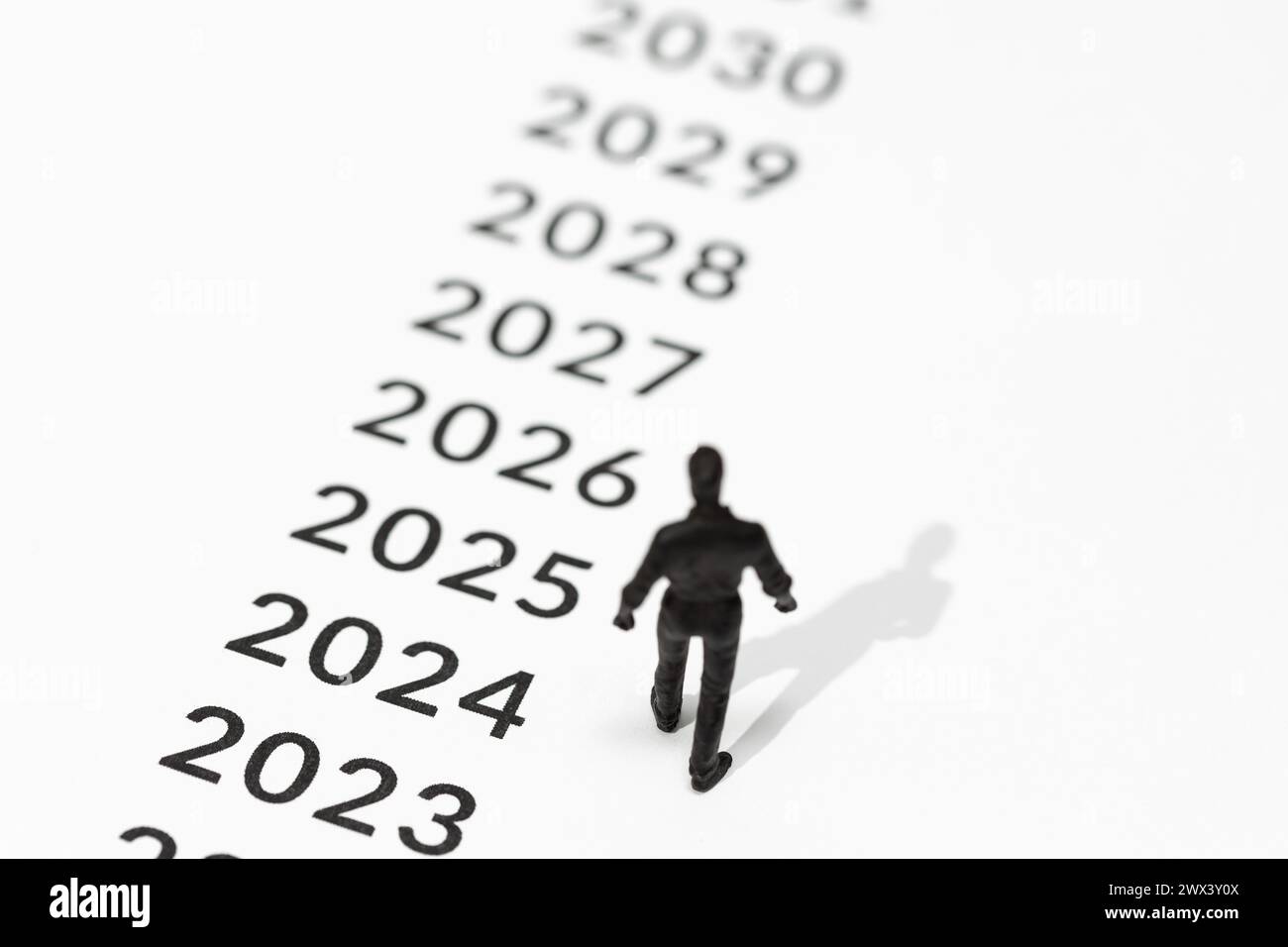 Man figurine looking at the future years marked on the ground. Pension, retirement, plan concept. Copy space Stock Photo