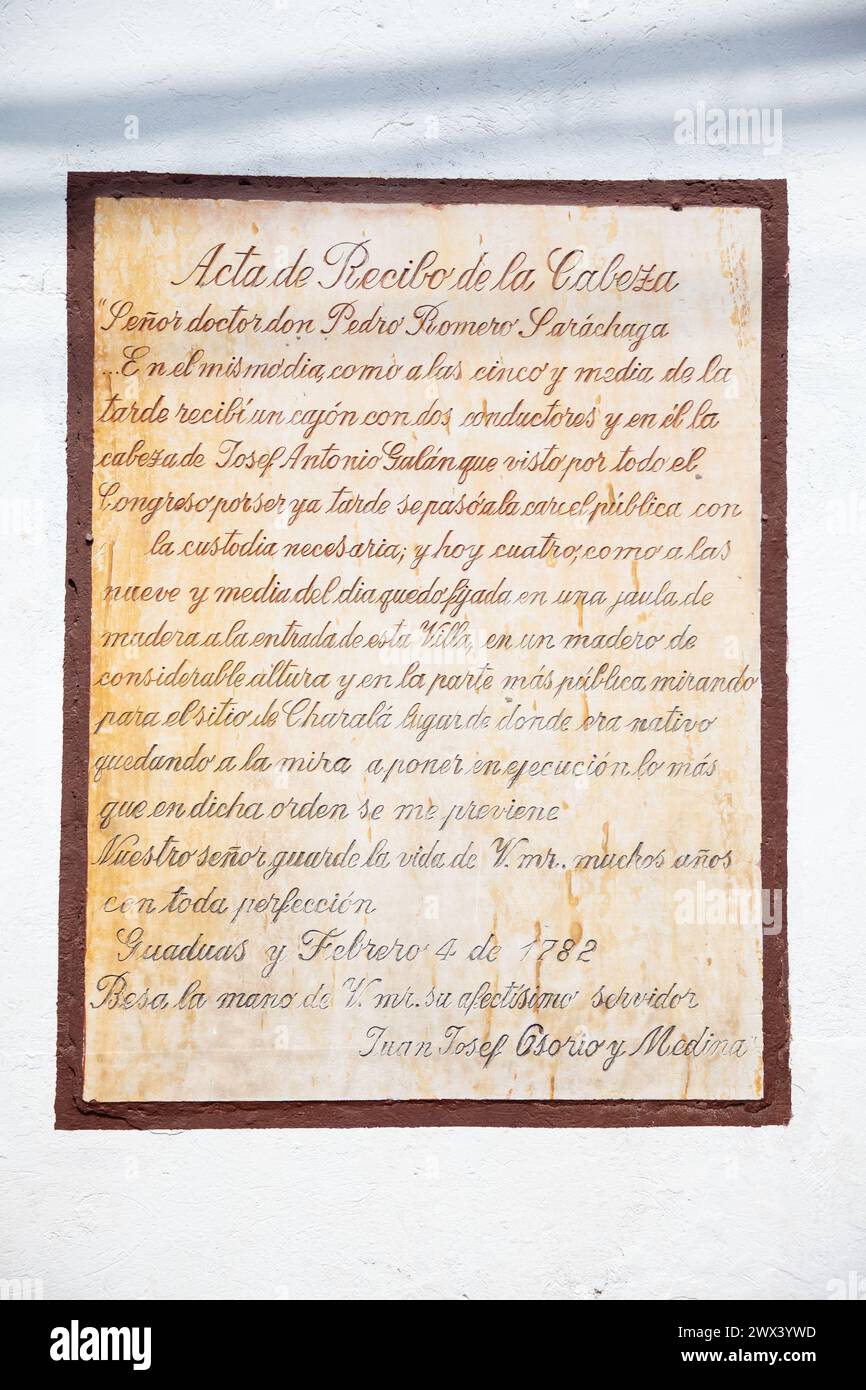 GUADUAS, COLOMBIA - JANUARY 12, 2024: Reproduction of the Certificate of Receipt of the Head of the leader of the Comuneros Revolution, Jose Antonio G Stock Photo