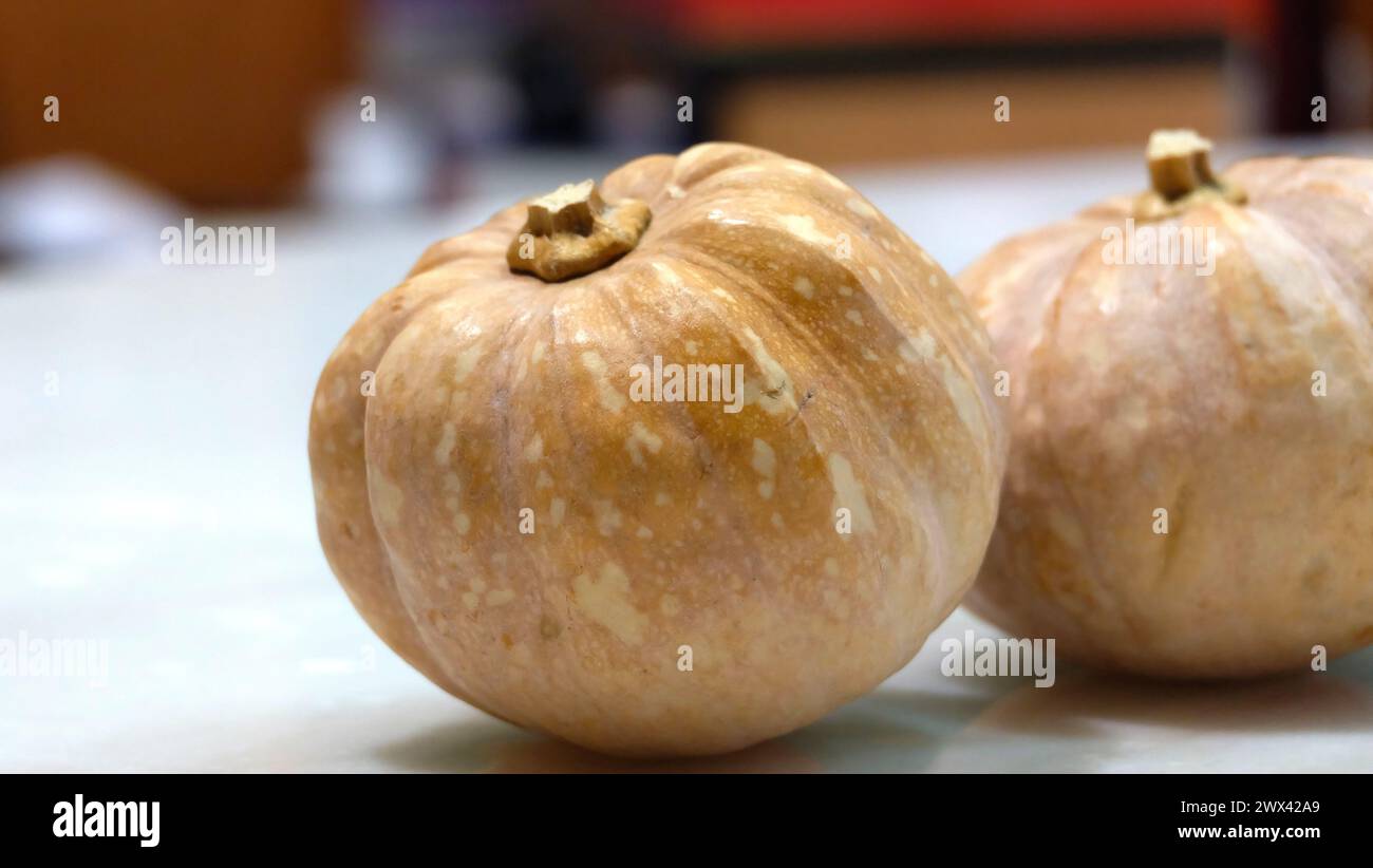 Two small pumpkins on table top. With blurred background. Stock Photo