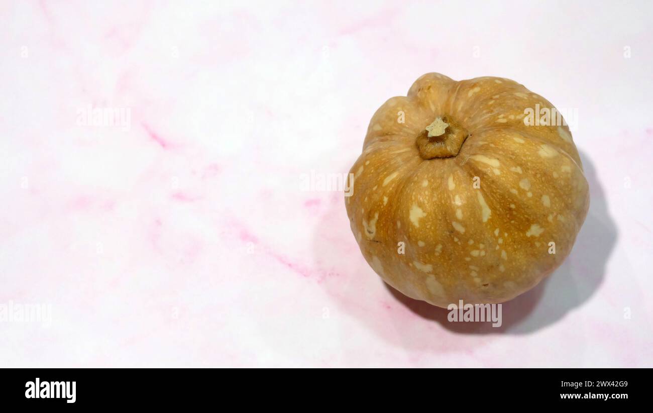 A whole small pumpkin with a pink marble background. With copy space on the left. Stock Photo