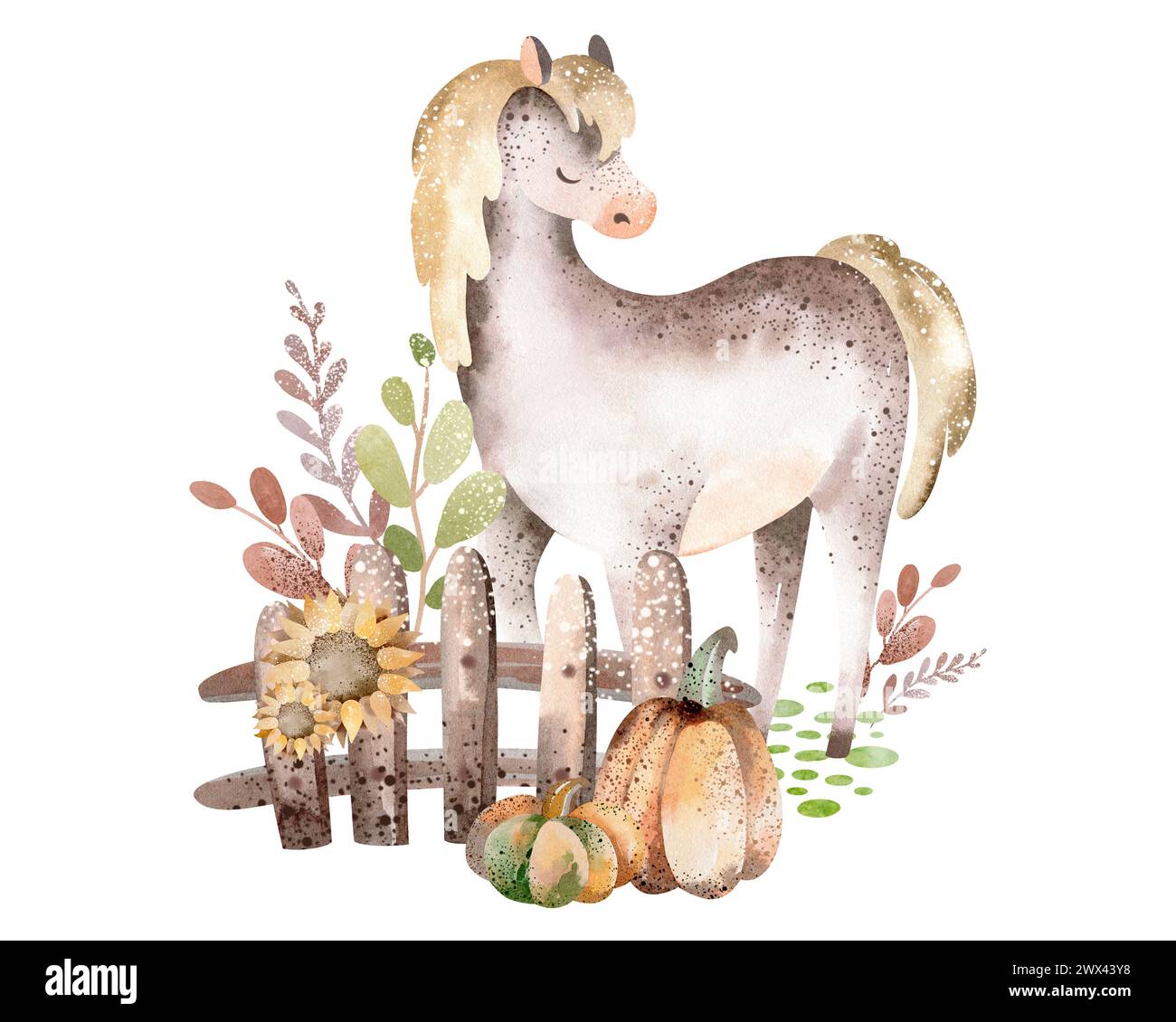 Watercolor cartoon horse.Cute pony stands near a fence with pumpkins.Stallion posing on a white background. Children hand drawn illustration of livest Stock Photo