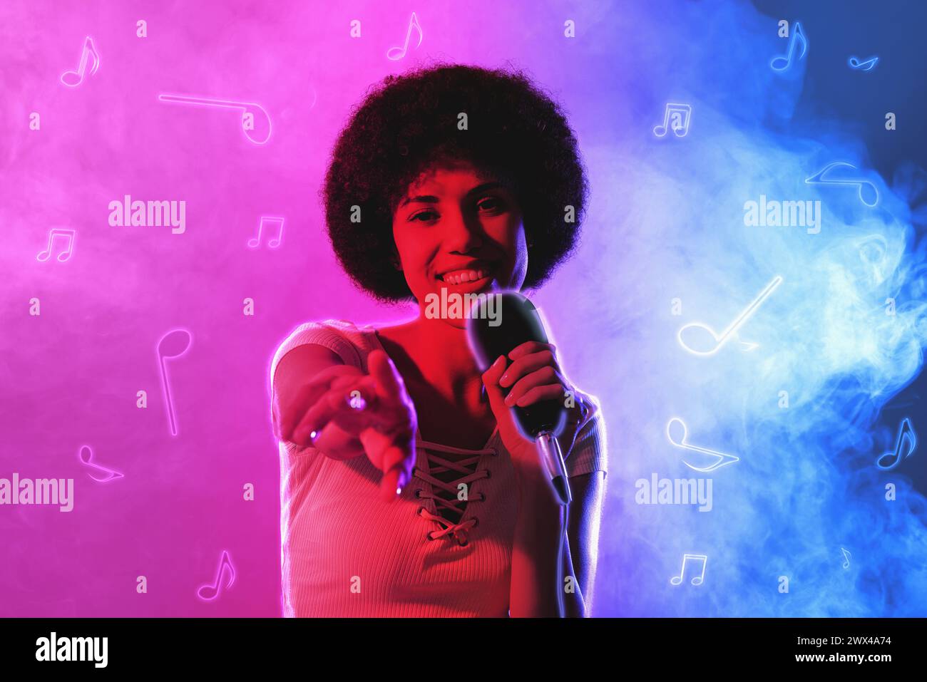 Singer's performance poster. Woman with microphone on bright background ...