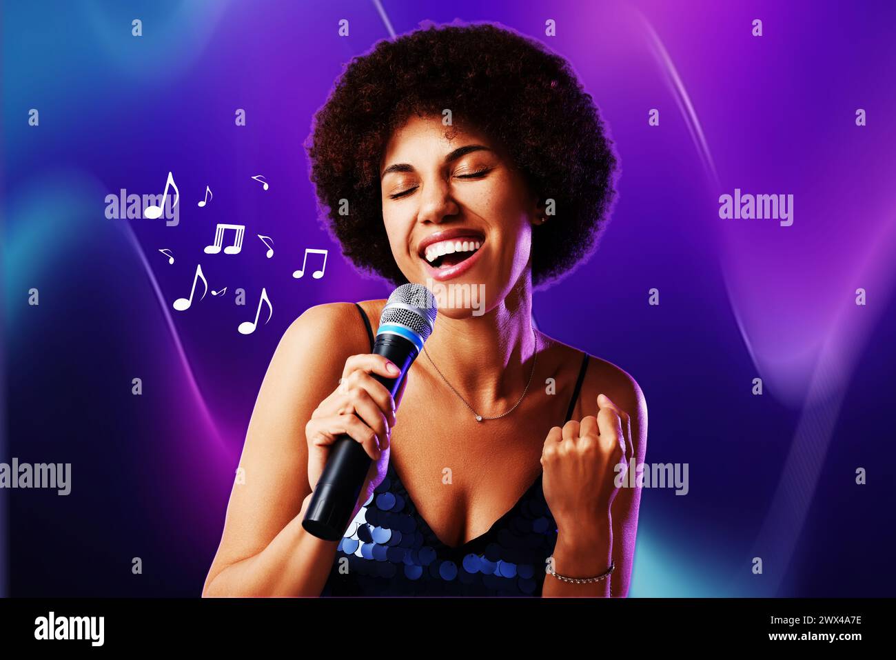 Singer's performance poster. Woman with microphone on bright background ...
