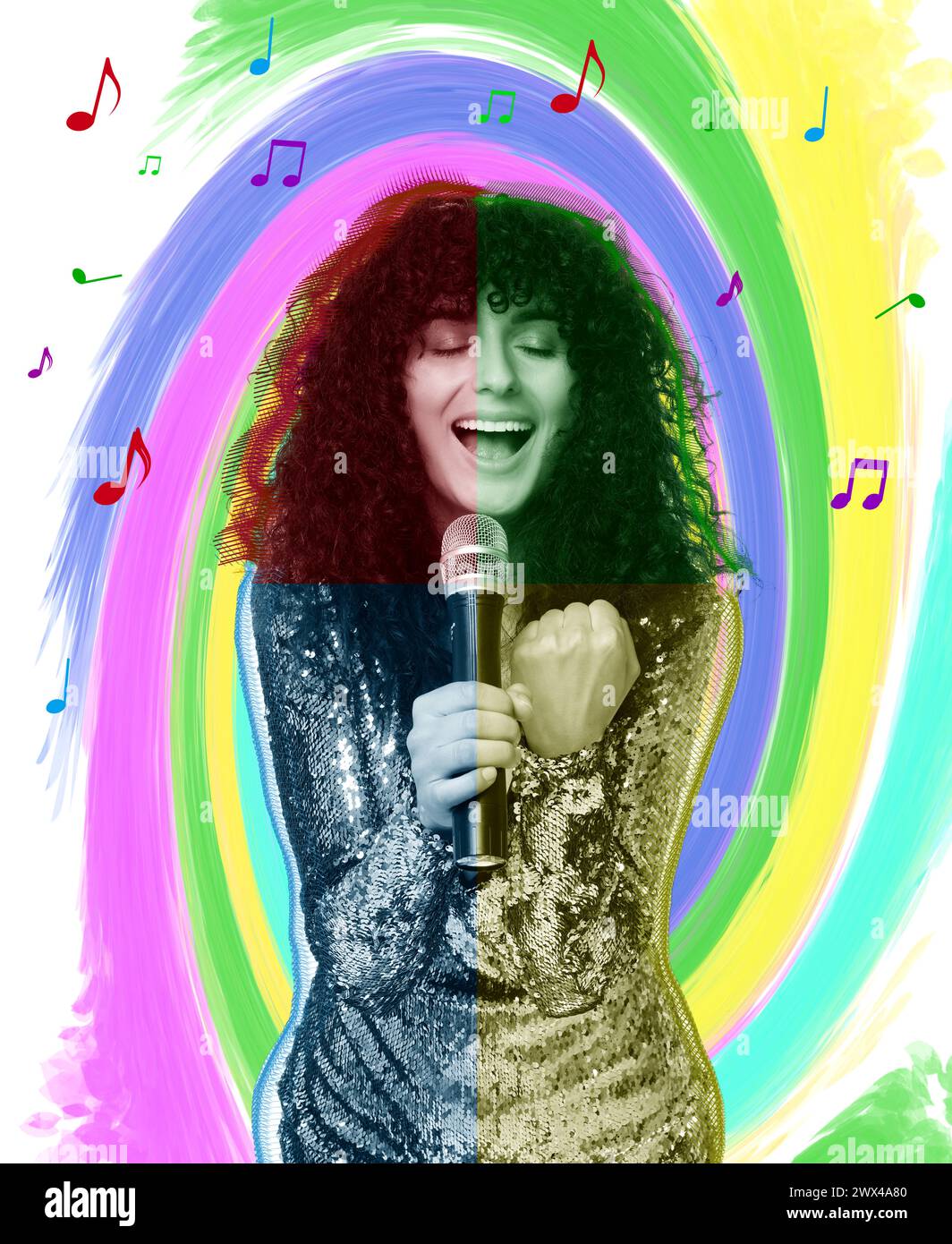 Singer's performance poster. Woman with microphone on bright background ...