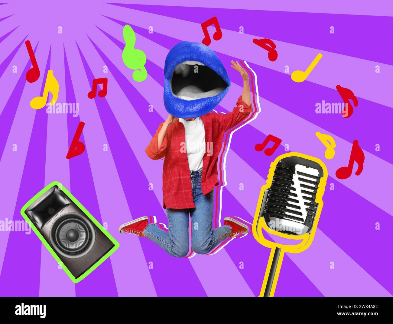 Stylish singer's performance poster. Creative collage with microphone ...