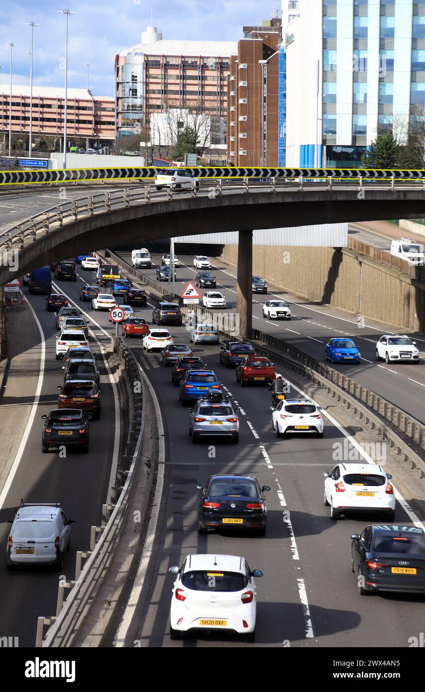 M8 motorway through central Glasgow heading north towards Charing Cross Stock Photo