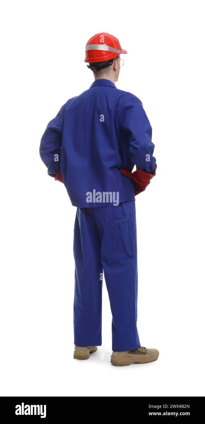 Young man wearing safety equipment on white background, back view Stock ...