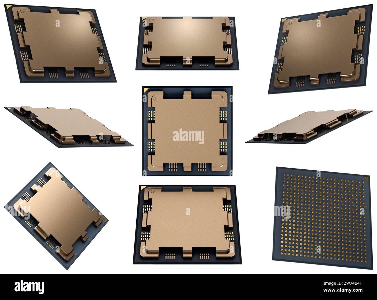 Set of modern central computer processors CPU illustrations concept, unit isolated on white. 3d rendering, concept image, digital chip. Stock Photo