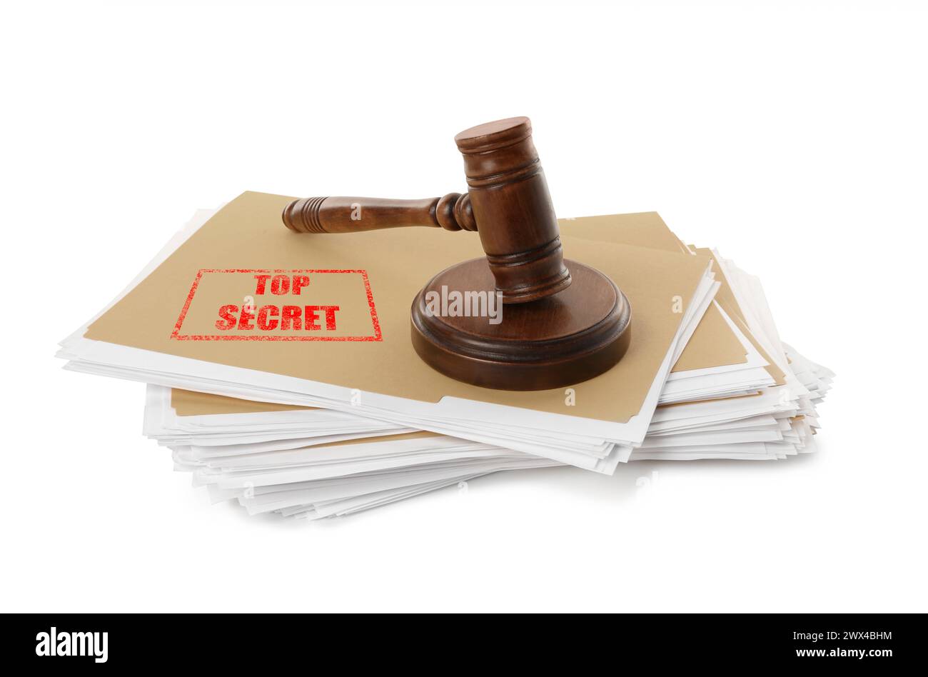 Top Secret stamp. Files with documents and wooden gavel on white background Stock Photo