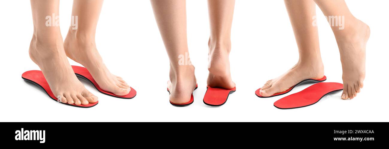 Set of barefoot people with insoles on white background Stock Photo - Alamy