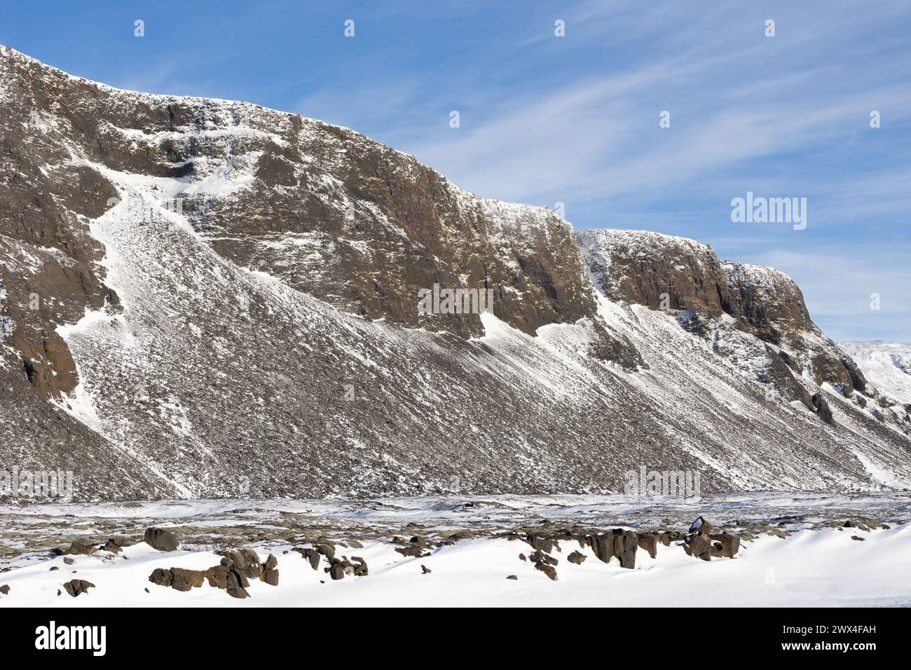snowy mountains close to the coast Stock Photo