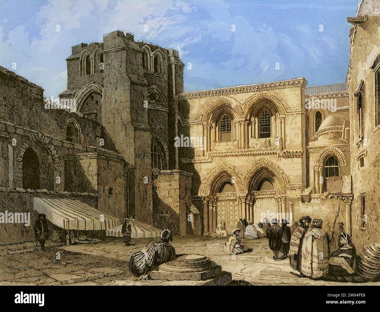 Jerusalem. Church of the Holy Sepulchre. Engraving by Emile Rouargue. Later colouration. 'La Tierra Santa y los lugares recorridos por los profetas, por los apóstoles y por los cruzados' (The Holy Land and the sites traversed by the prophets, by the apostles and by the crusaders). Published in Barcelona by the printing house of Joaquin Verdaguer, 1840. Stock Photo