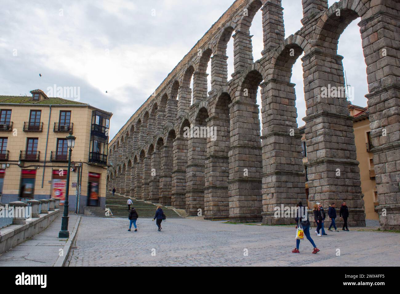 View of the Roman aceduct of Segovia from the ancient city Stock Photo