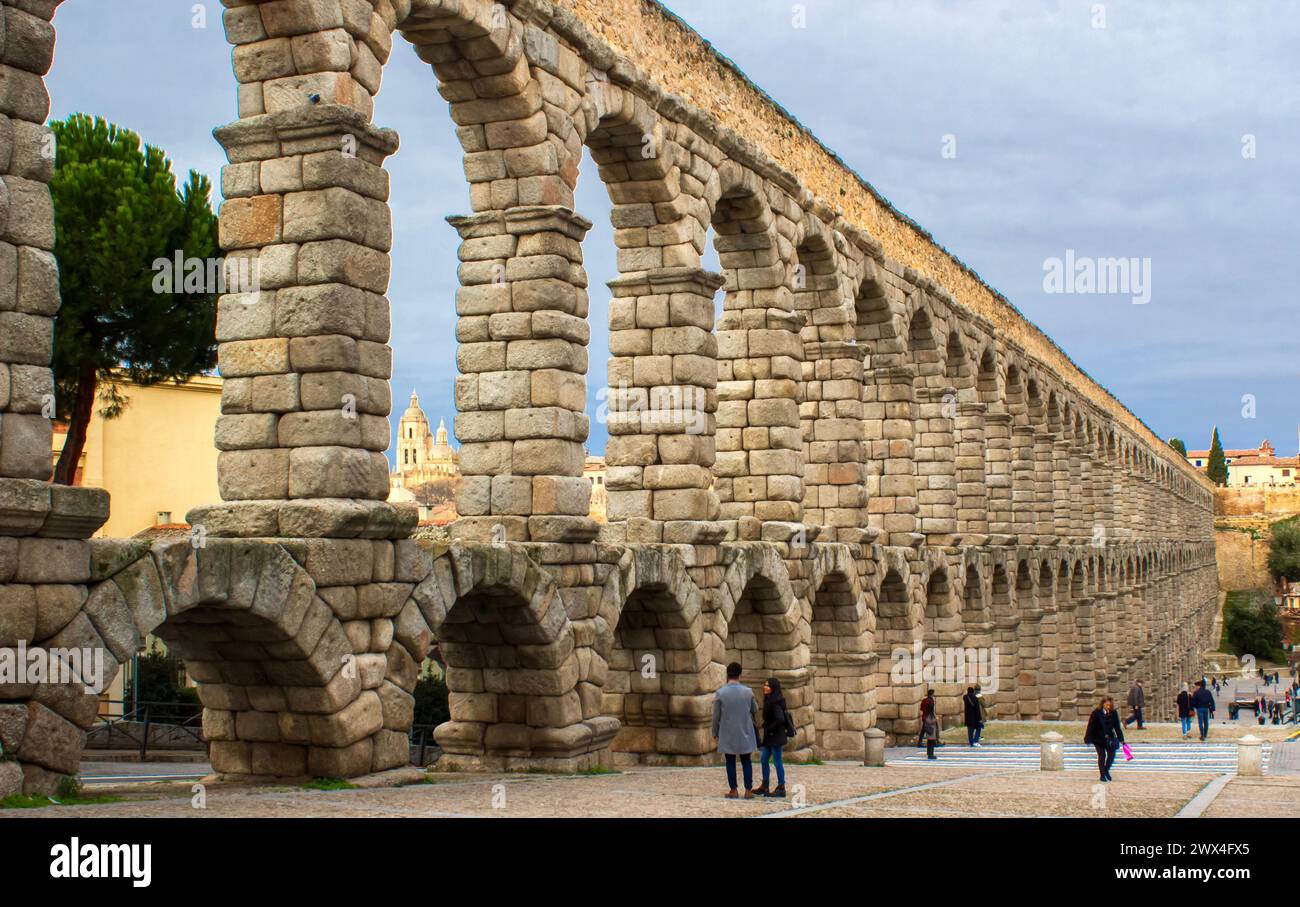 View of the Roman aceduct of Segovia from the ancient city Stock Photo ...