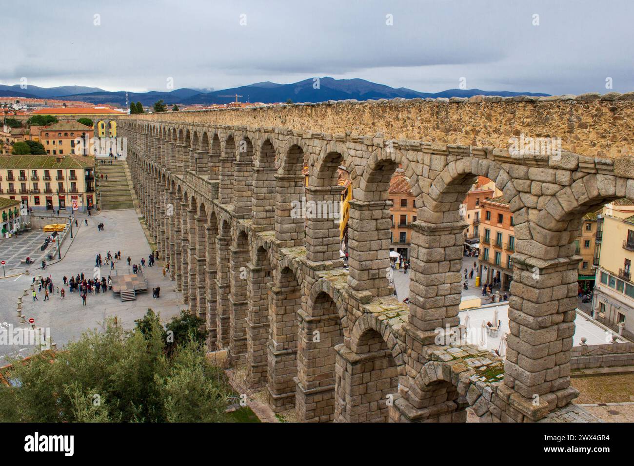 View of the Roman aceduct of Segovia from the ancient city Stock Photo