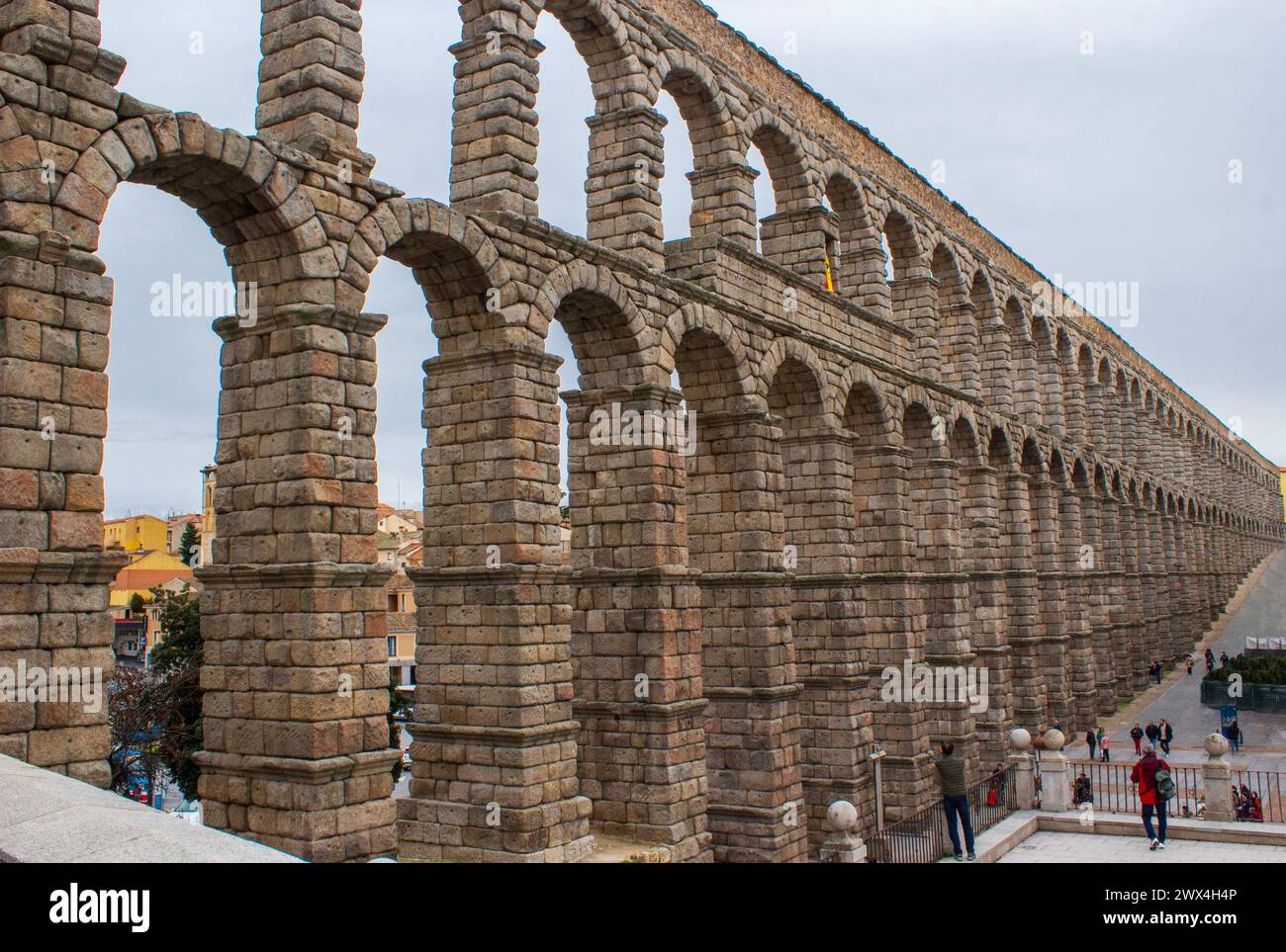 View of the Roman aceduct of Segovia from the ancient city Stock Photo