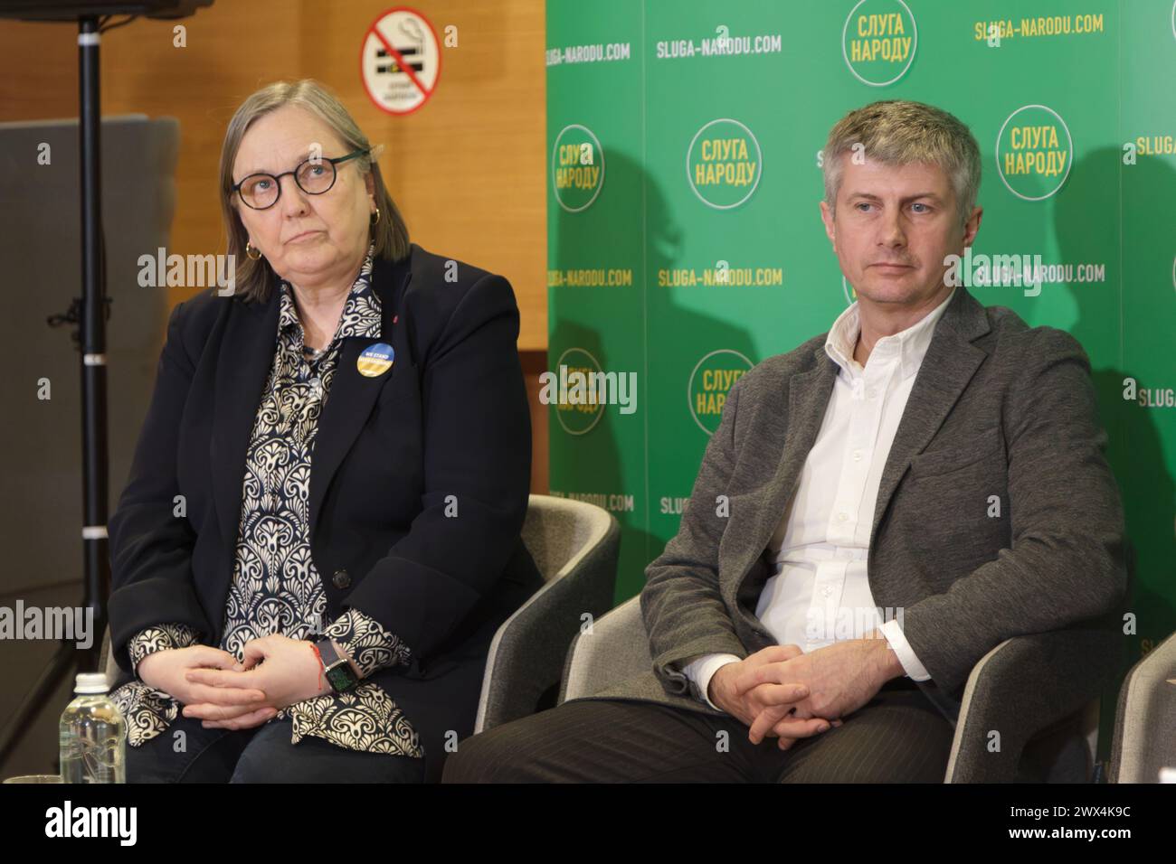 KYIV, UKRAINE - MARCH 27, 2024 - Polish MEP Roza Thun und Hohenstein and MP of Ukraine, First Deputy Chairman of the Committee on Ukraine’s Integration into the European Union Vadym Halaichuk take part in the briefing on the 'Position Paper on European Security' developed  by the Renew Europe political group of the European Parliament at the Parkovy Exhibition and Convention Center, Kyiv, capital of Ukraine Stock Photo