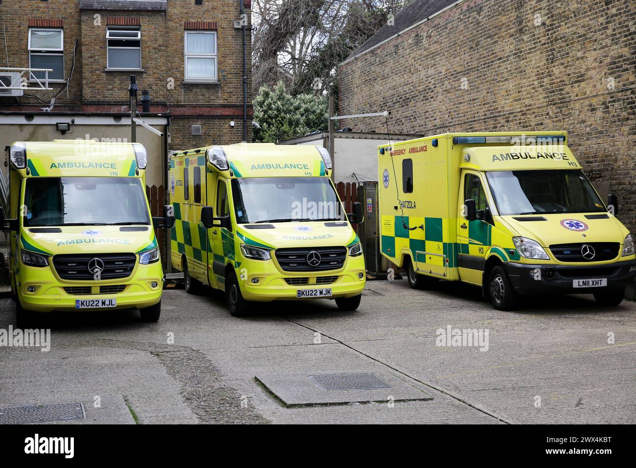 London, UK. 24th Mar, 2024. Ambulances seen parked outside an ambulance station in London. According to the British Social Attitudes, 24 percent of the public were satisfied with the NHS in 2023. (Photo by Steve Taylor/SOPA Images/Sipa USA) Credit: Sipa US/Alamy Live News Stock Photo