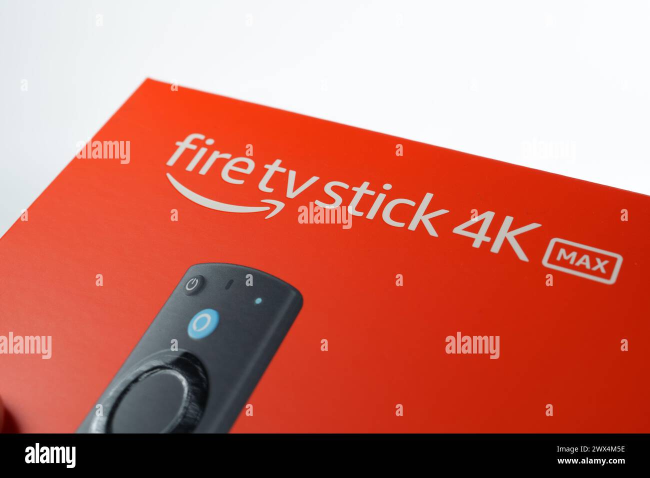 Amazon Fire TV Stick 4K MAX 2023 in the original box isolated on white. Stafford, United Kingdom. March 24, 2024. Stock Photo