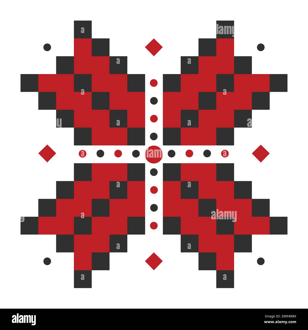 Creative Ukrainian embroidery in black and red colors, folk flower with four petals and a cross Stock Vector
