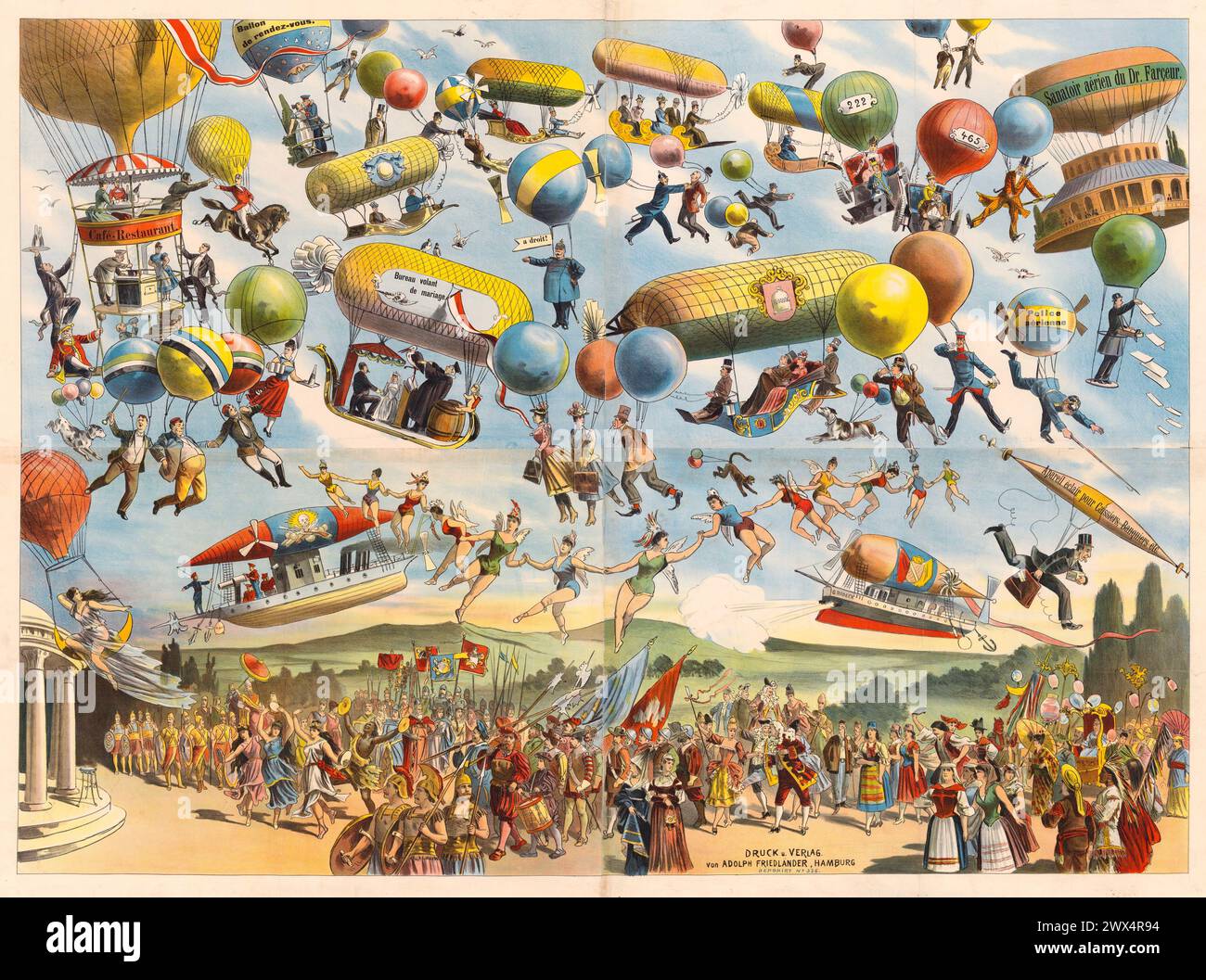 Vintage poster.  Doctor Farceur's aerial sanatorium, wedding flying office, aerial police with fancy futurist flying objects,  G. Rodeck, 1890, Stock Photo