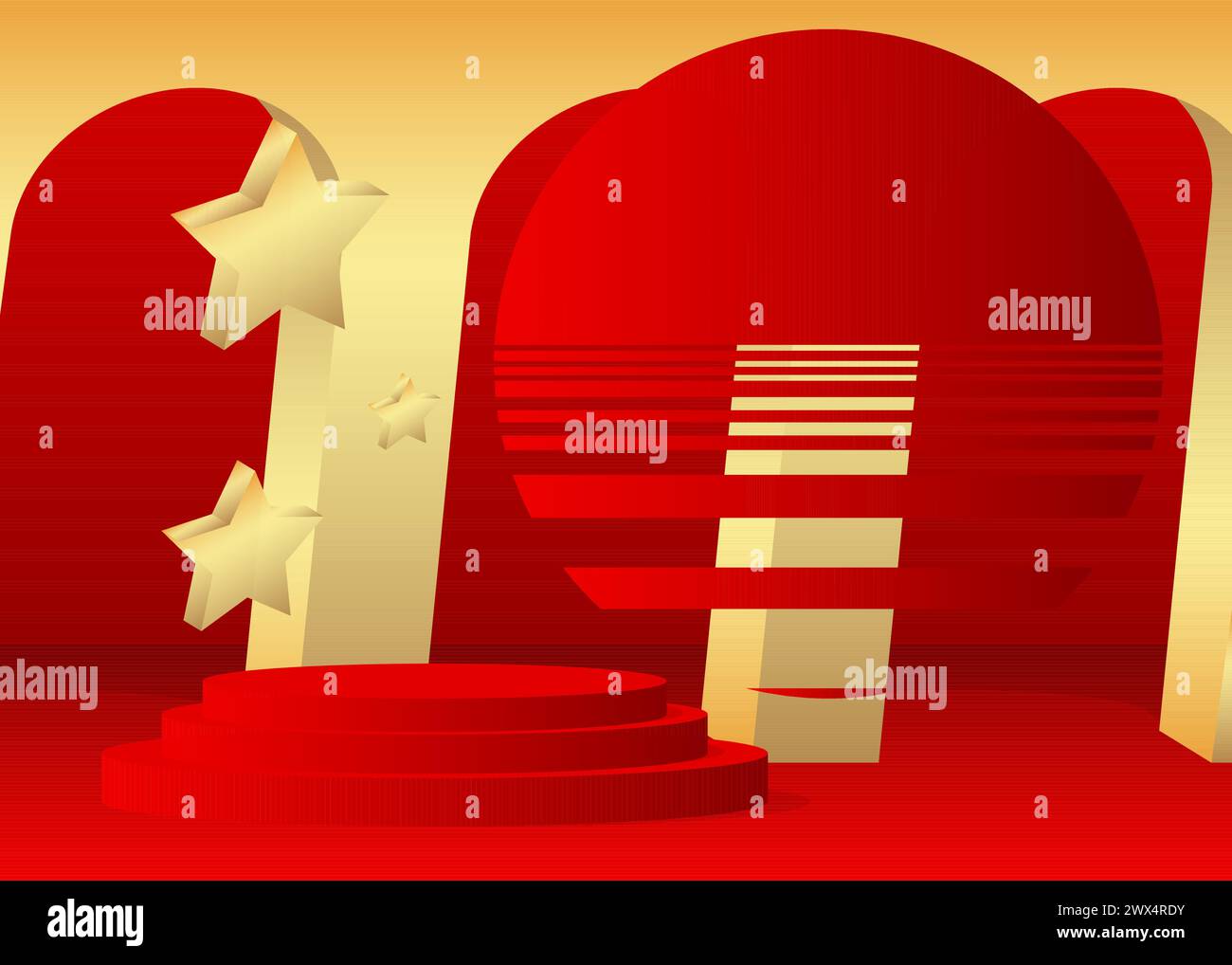 Red and gold mockup product display. Vector cylinder pedestal podium