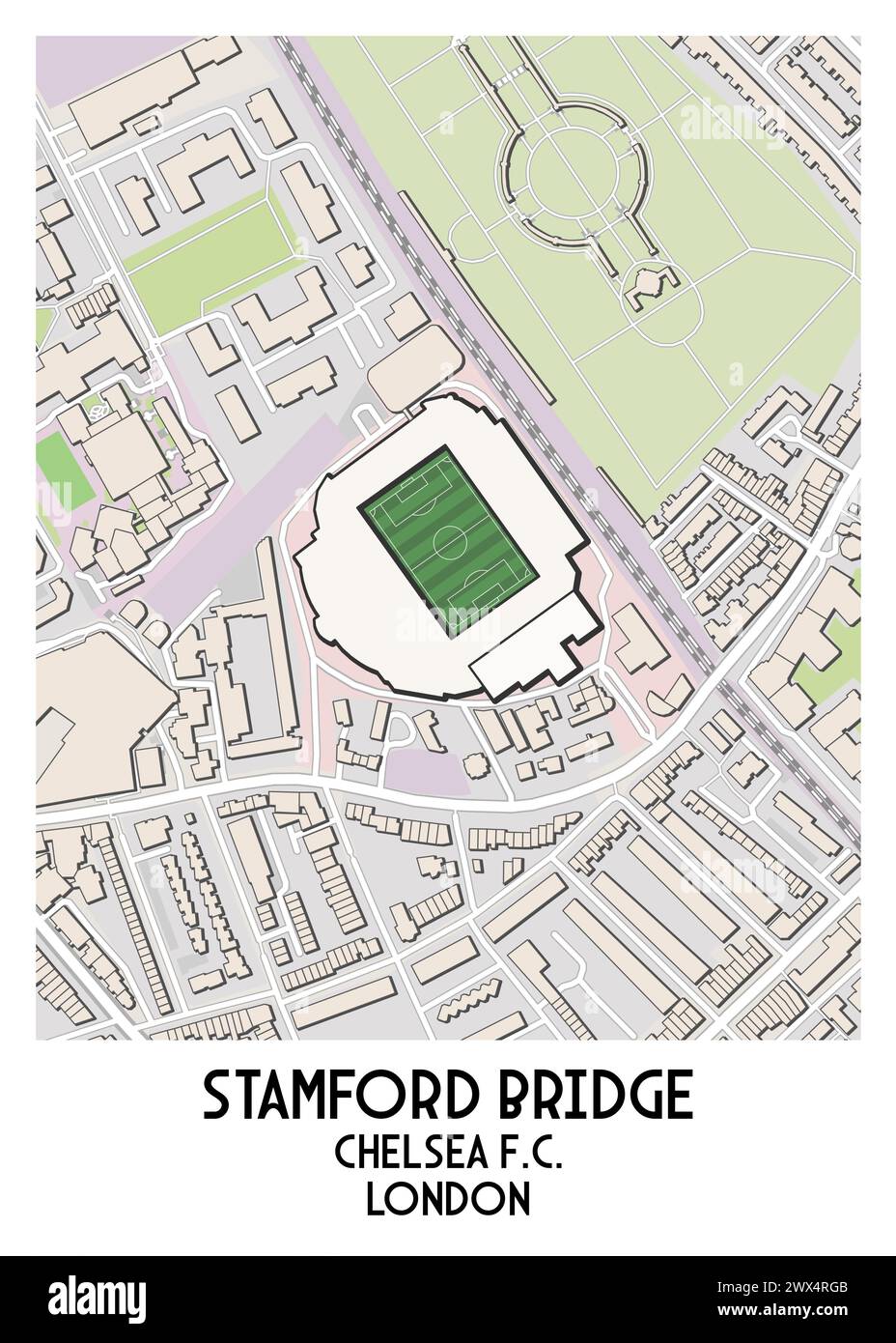 Stamford Bridge Stadium Map Poster Art, Chelsea, London Stock Vector