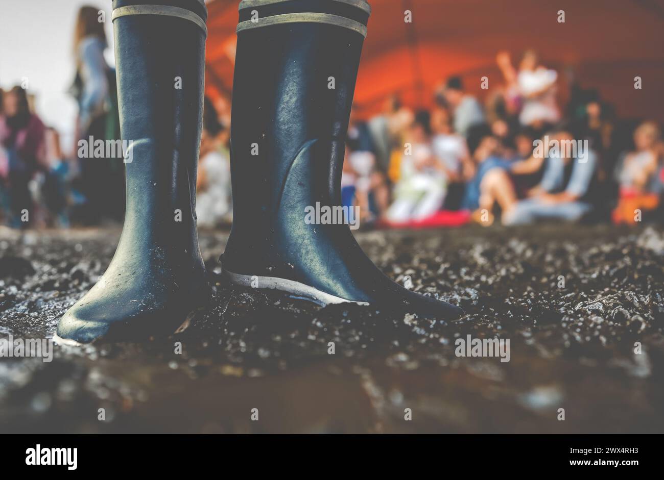 Rubber Boots In The Mud At A Music Festival, With Copy Space Stock Photo