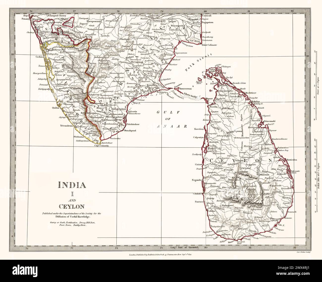 Original Title: India I and Ceylon. This is a restored, enhanced reproduction of an antique, detailed map published 1844. It shows southern India and Sri Lanka, historically known as Ceylon. This was one of a series of maps published by the Society for the Diffusion of Useful Knowledge, a British organization. Stock Photo