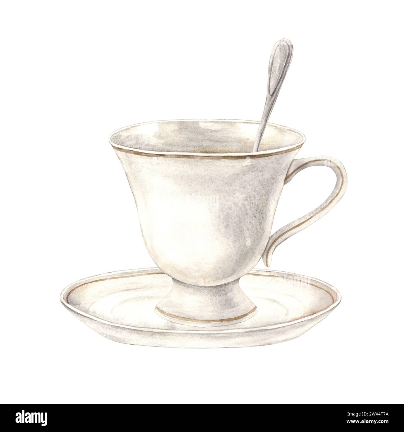 Vintage watercolor cup with saucer and silver spoon. The illustration is hand drawn on an isolated background. Drawing for menu design, packaging, pos Stock Photo