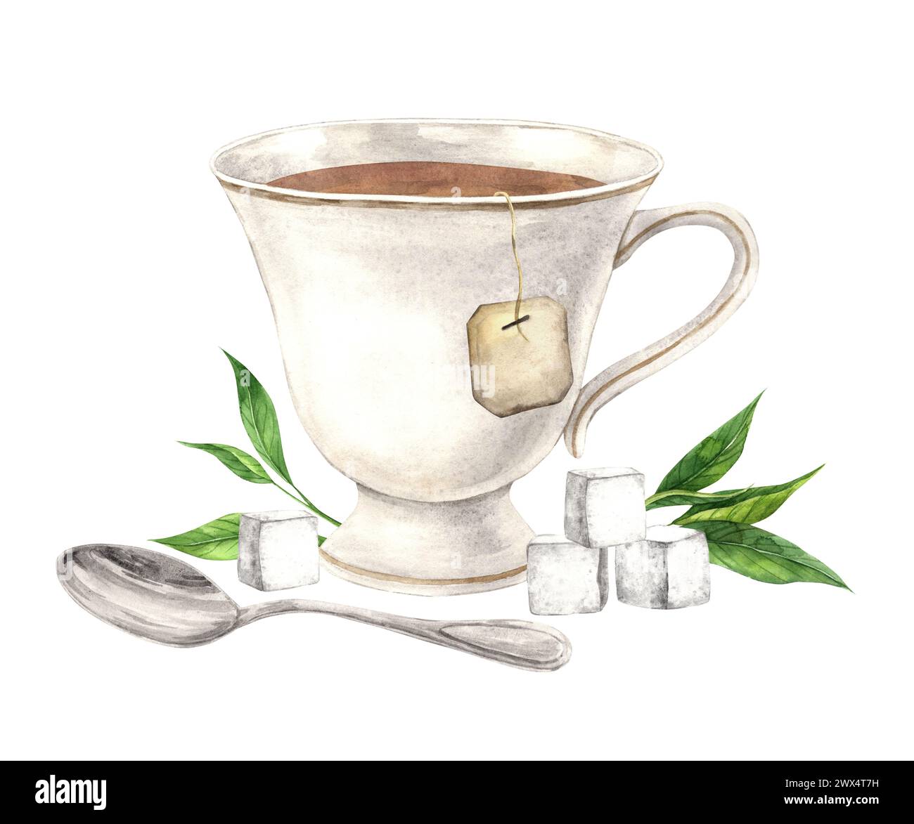 Vintage watercolor cup with tea leaves, saucer and spoon. The illustration is hand drawn on an isolated background. Drawing for menu design, packaging Stock Photo