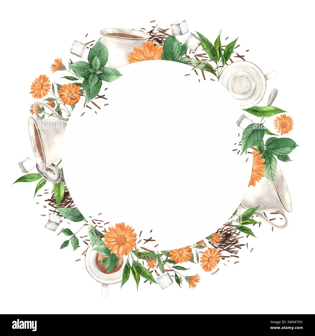 Watercolor tea round wreath with mug of tea, dry tea, mint and ...