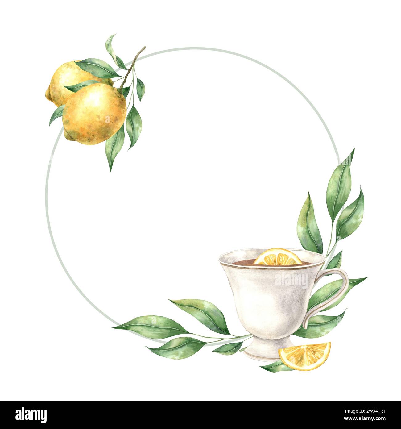 Watercolor round frame with ceramic mug, green lemon leaves and yellow ...
