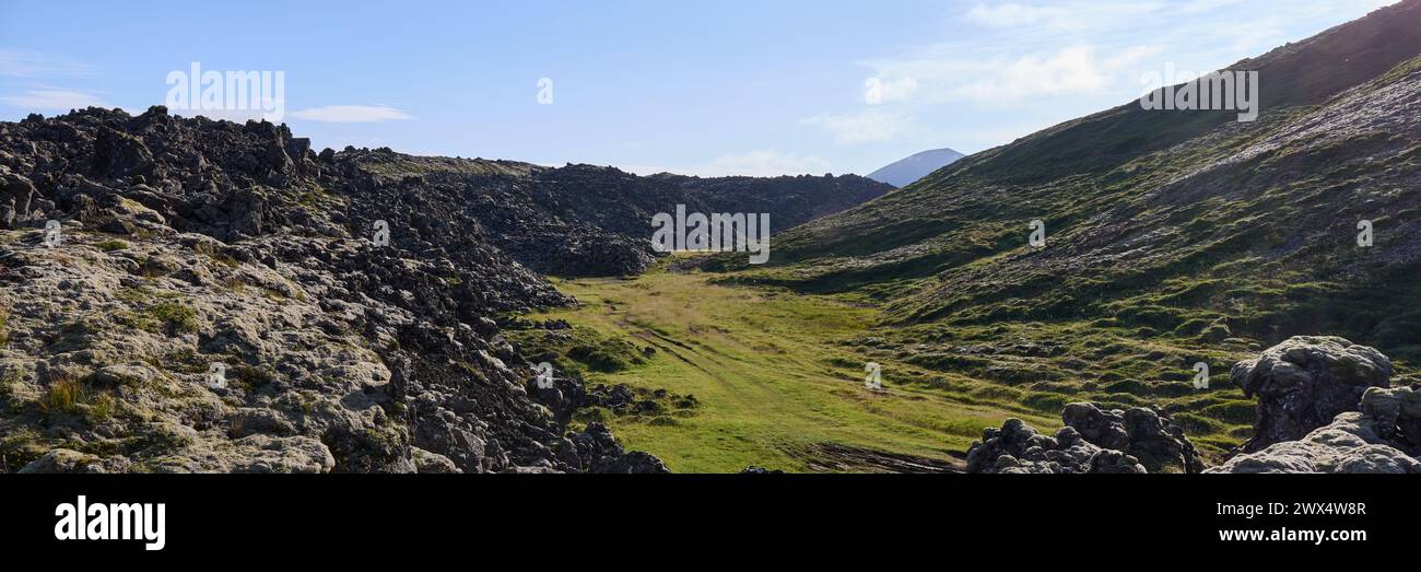 In the foreground a lava field covered with moss, in the background mountains.Helgafellssveit, Iceland. Stock Photo