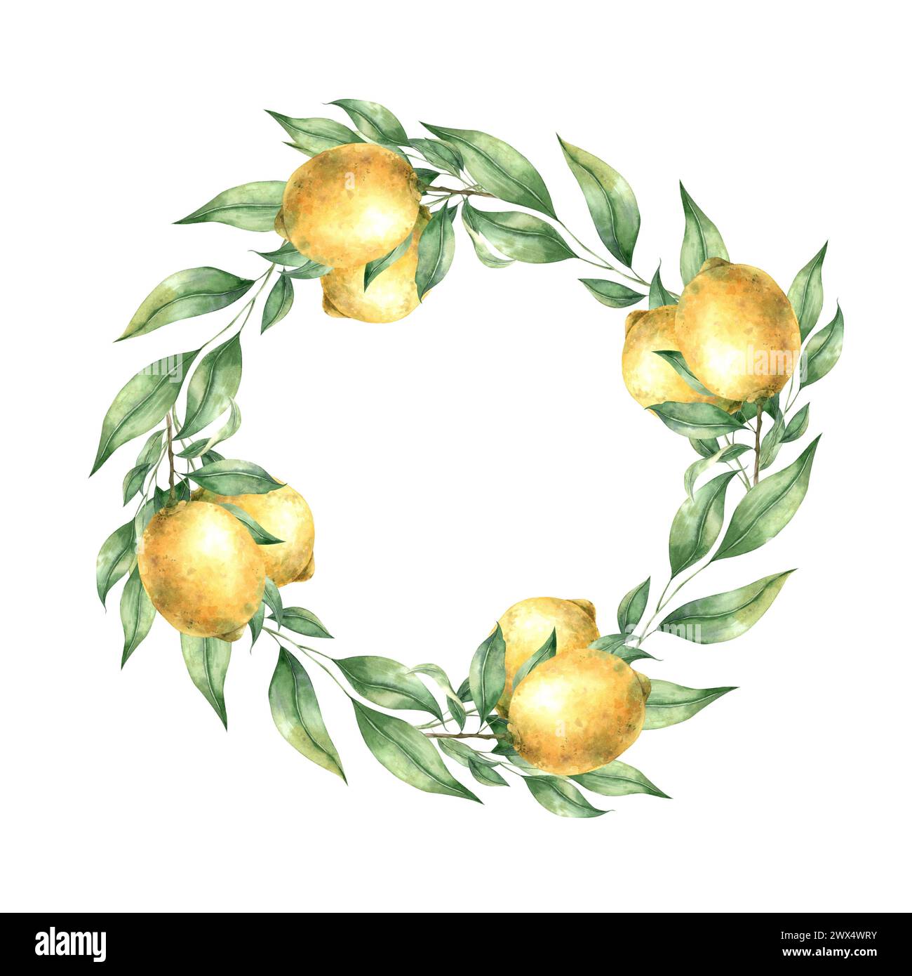 Watercolor botanical wreath of lemons and leaves. The illustration is ...