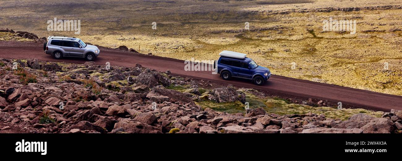 Two Mitsubishi Pajero driving off road. Westfjords, Iceland, August 18, 2021 Stock Photo