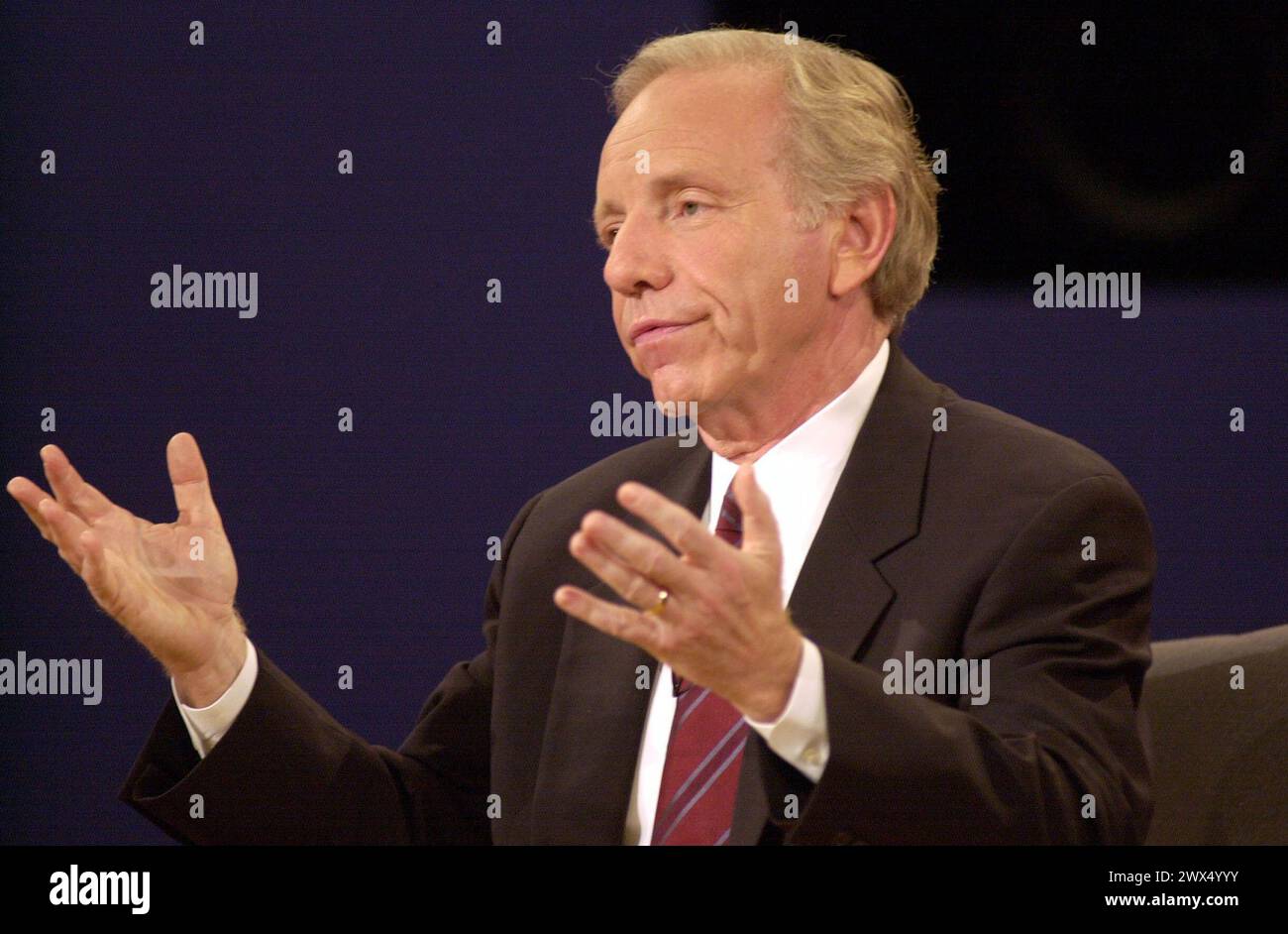 Danville, United States Of America. 05th Oct, 2000. Democratic Vice Presidential Candidate United States Senator Joseph Lieberman (Democrat of Connecticut) pleads his point to the TV cameras during the VP debate at Centre College in Danville, Kentucky against Richard B. Cheney Thursday October 5, 2000. Credit: John Simpson - Pool via CNP/Sipa USA Credit: Sipa USA/Alamy Live News Stock Photo