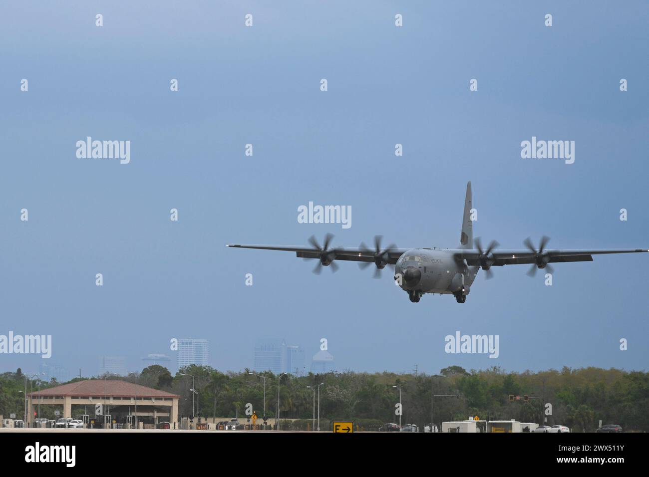 A C130J Super Hercules lands on the flightline at MacDill Air Force