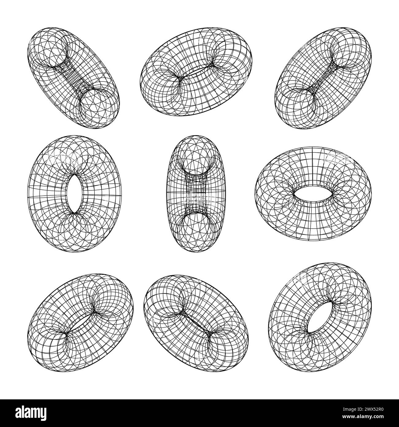 Wireframe shapes, lined torus. Perspective mesh, 3d grid. Low poly ...